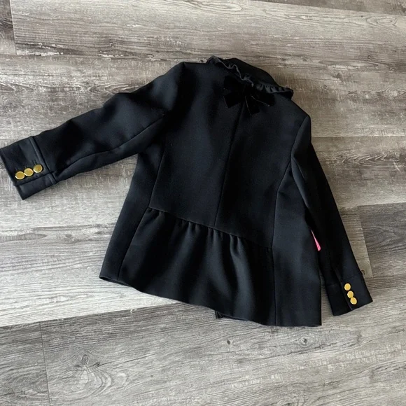 Kate Spade Black Ruffle Velvet Trim Gold Button Winter Fall Wool Blend Coat - Picture 6 of 8